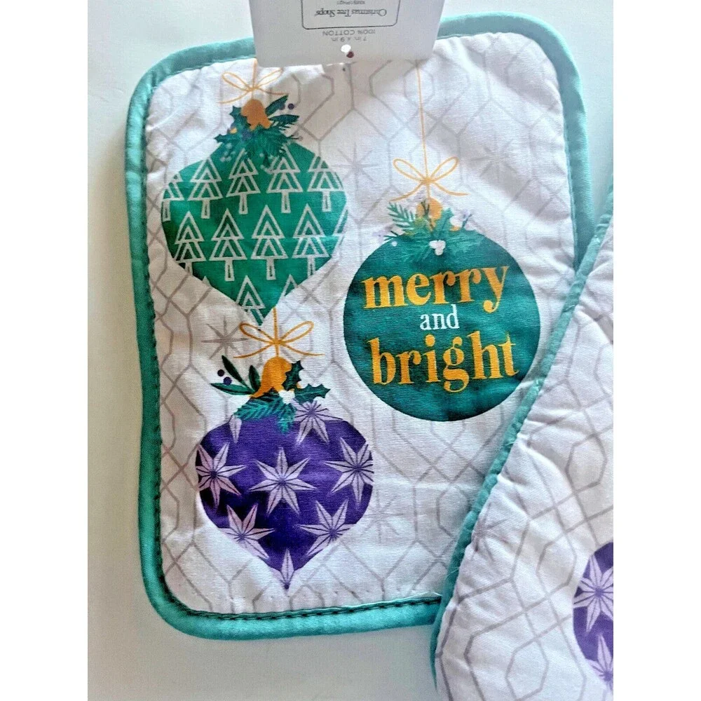 Christmas Oven Mitt Potholder White Teal Merry Bright Ornaments Set of 2